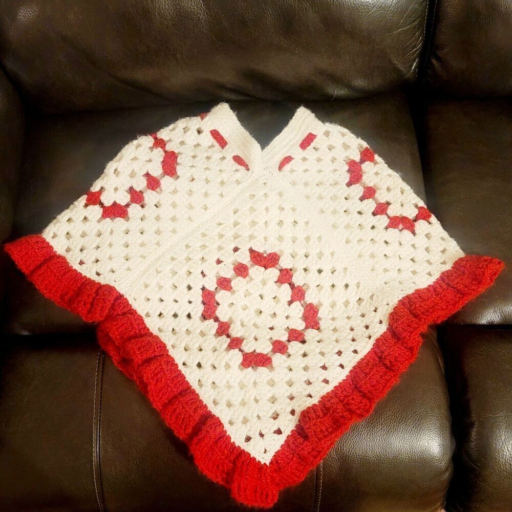 Vtg Crocheted Red White Girls Poncho Shawl Handmade Pom Poms Frill Christmas - Picture 4 of 7